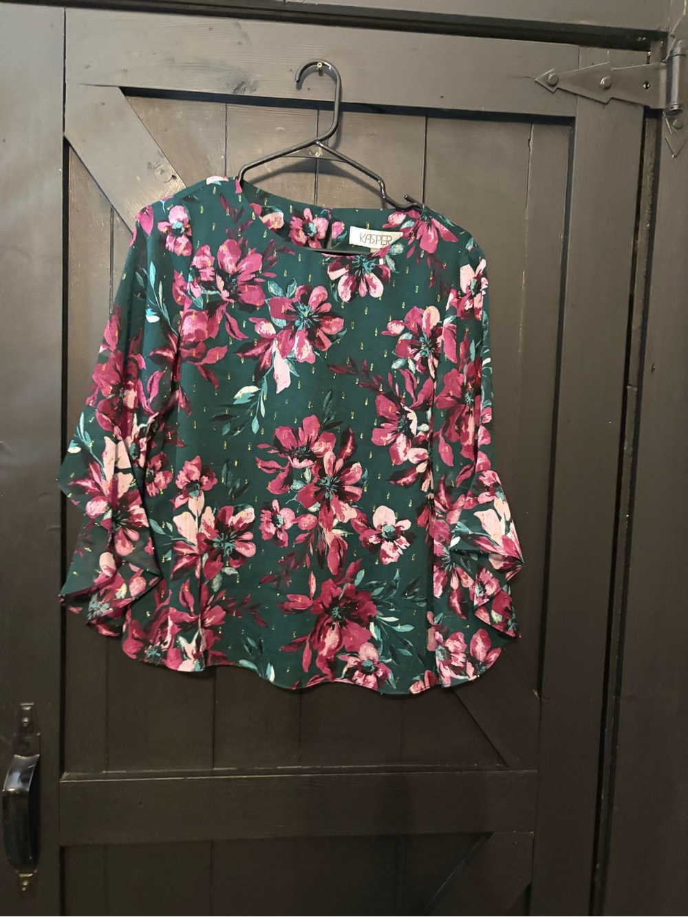 Kasper Teal Floral Ruffle-Sleeve Blouse